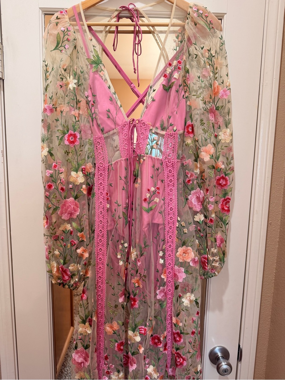 For Love & Lemons Pink Floral Sheer Embroidered Maxi Robe